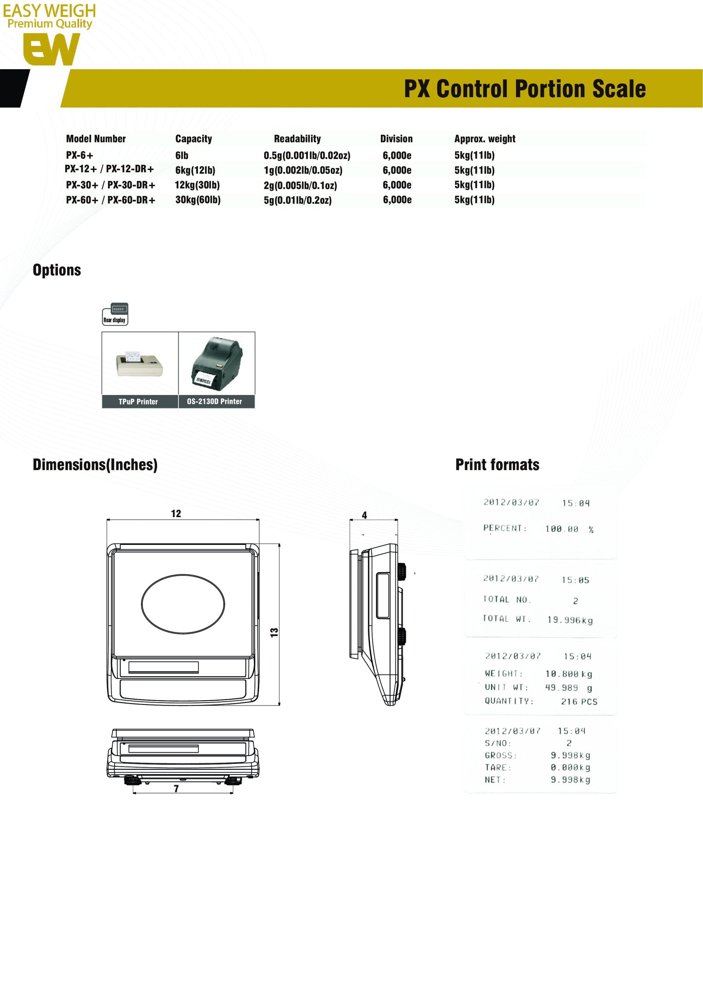 Easy Weigh PX Series Control Portion Series Scales